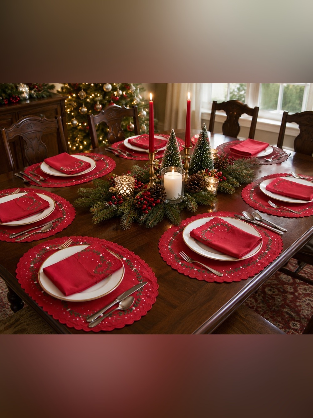 Christmas Red Embroidered Placemats Napkins 14 Pc Set